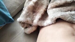 Big thick uncut cock jerks solo on sofa until thick cum drips blanket