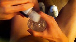 Twink jerks off shaved dick in Fleshlight til cumshot