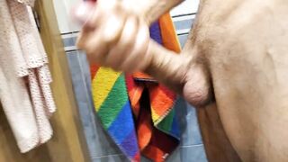 Moaning European guy pinches nipples while jerking his big BBC sissy training cock