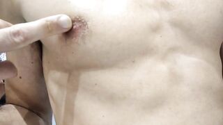 Moaning European guy pinches nipples while jerking his big BBC sissy training cock