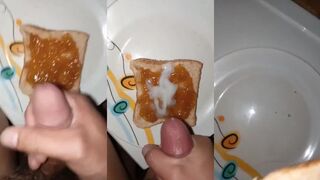 Gay twink stuffs thick cum straight in soft bread and fucking eats his own load