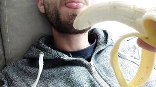 She begs for his cock so she slurps banana with sensual mouth