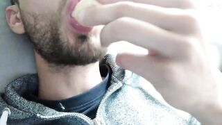 She begs for his cock so she slurps banana with sensual mouth