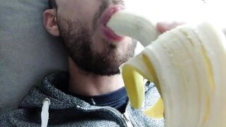 She begs for his cock so she slurps banana with sensual mouth