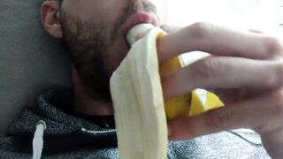She begs for his cock so she slurps banana with sensual mouth
