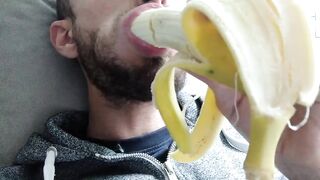 She begs for his cock so she slurps banana with sensual mouth