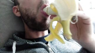She begs for his cock so she slurps banana with sensual mouth