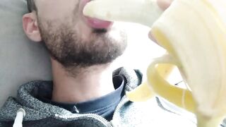 She begs for his cock so she slurps banana with sensual mouth