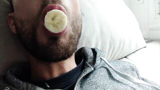 She begs for his cock so she slurps banana with sensual mouth