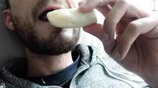 She begs for his cock so she slurps banana with sensual mouth