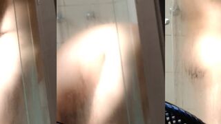 Chubby boy in shower gets hard and strokes his small dick raw