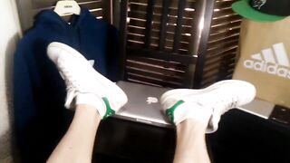 Apple MacBook worships Adidas Stan Smith white socks on twink boy's feet