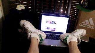 Apple MacBook worships Adidas Stan Smith white socks on twink boy's feet