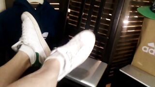 Apple MacBook worships Adidas Stan Smith white socks on twink boy's feet