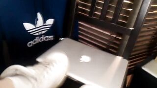 Apple MacBook worships Adidas Stan Smith white socks on twink boy's feet