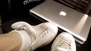 Apple MacBook worships Adidas Stan Smith white socks on twink boy's feet