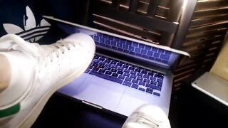 Apple MacBook worships Adidas Stan Smith white socks on twink boy's feet