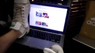 Apple MacBook worships Adidas Stan Smith white socks on twink boy's feet