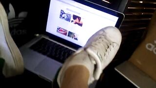 Apple MacBook worships Adidas Stan Smith white socks on twink boy's feet