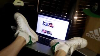 Apple MacBook worships Adidas Stan Smith white socks on twink boy's feet