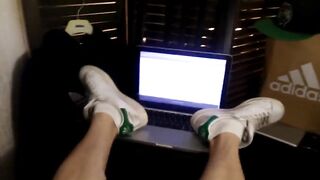 Apple MacBook worships Adidas Stan Smith white socks on twink boy's feet