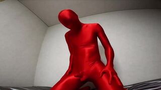 Red zentai suit crushed by bulging penis case