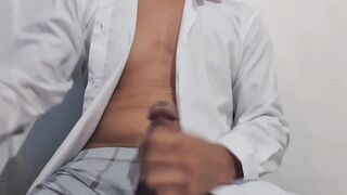 Pinoy cums hard watching Asian coworker stroke his throbbing dick at home
