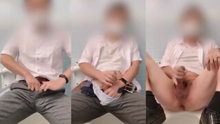 Business man strokes himself raw in public toilet gets destroyed by thick globs of cum