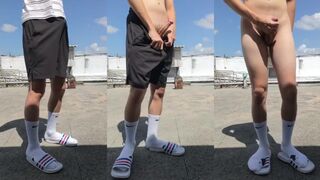 Teen twink strokes it raw on rooftop with Nike socks and Adidas slippers