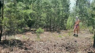 Twink jerks off hidden in the woods under his thong gets caught