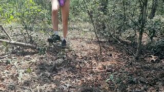Twink jerks off hidden in the woods under his thong gets caught