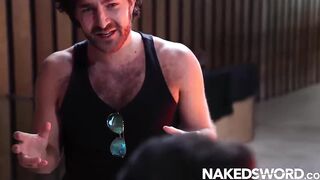 Beaux Banks gobbles Axel Rockham’s slab of glistening raw muscle while party guests watch raw bareback slam