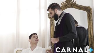 Face fucked by hung clergyman deep throat breeding cum in beard