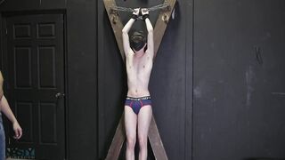 Twink tied up blindfolded gets stuffed raw until he gushes his load