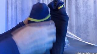 Hairy Dallas gets tickled raw by muscled feet while bound and stuffed