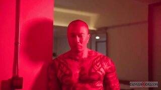 Gay Asian threesome with Damian Dragon big dick double blowjob tattooed muscle