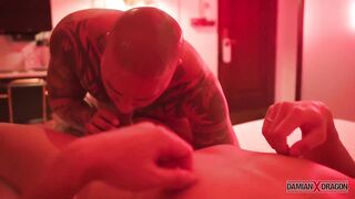 Gay Asian threesome with Damian Dragon big dick double blowjob tattooed muscle