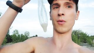 Twink boy at beach finds rampant condom and loads it fast