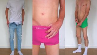 Trying on tight Calvin Klein underwear jerks off until big cumshot