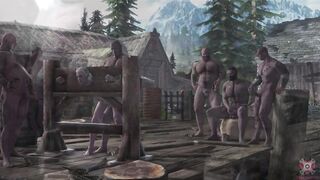 Geralt gets publicly gangbanged by a spitroast flogging crew in Skellige spring