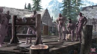 Geralt gets publicly gangbanged by a spitroast flogging crew in Skellige spring
