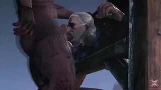 Geralt gets publicly gangbanged by a spitroast flogging crew in Skellige spring