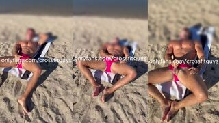 Solo masturbation at the sea with full of gay swimwear cumshots