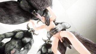 Five huge furry minotaurs destroy the white guy in a wild gay gangbang