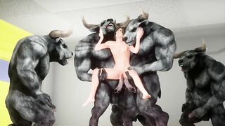Five huge furry minotaurs destroy the white guy in a wild gay gangbang