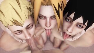 Hero's cumshot farewell blown by Deku & Bakugo gangbanged orgy