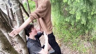 Gay Outdoor Blowjob with Huge Uncut Cock Destroyed His Throat