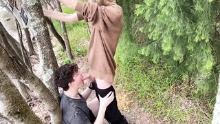 Gay Outdoor Blowjob with Huge Uncut Cock Destroyed His Throat
