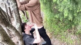 Gay Outdoor Blowjob with Huge Uncut Cock Destroyed His Throat