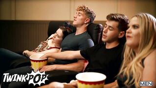 Twink Pop secret handjobs in cinema seat explode rough cumshots